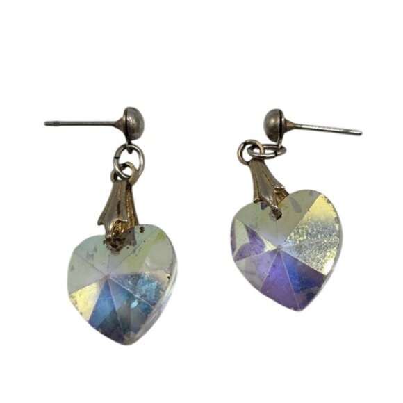 Vintage Iridescent Heart-Shaped Crystal Drop Earrings With Silver-Tone Posts For - Picture 1 of 2